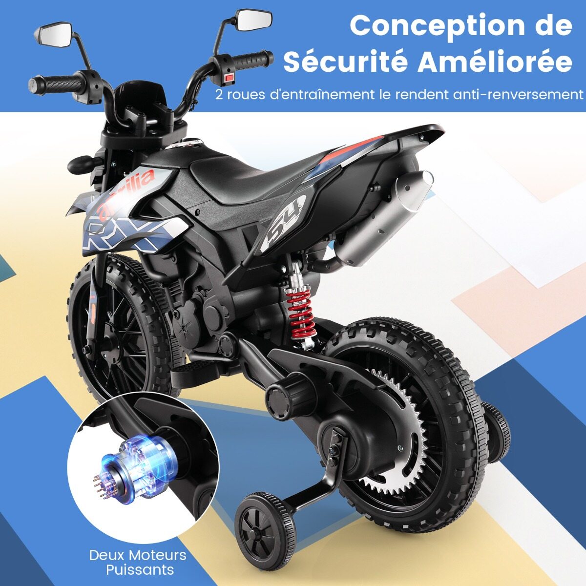 Aprilia elektriline lastemootorratas treeningrataste, muusika ja esitulega 12 V lastemootorratas sinine