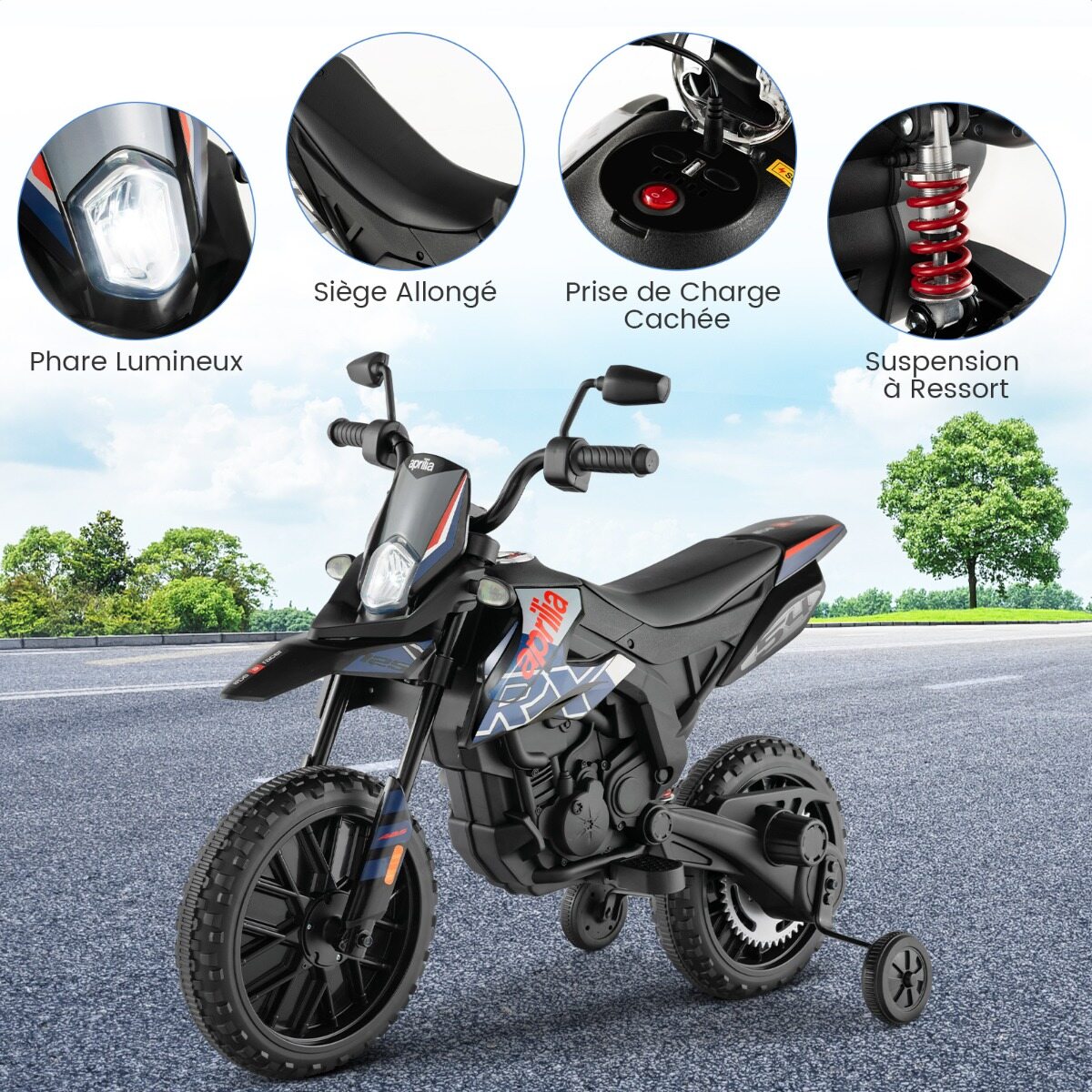 Aprilia elektriline lastemootorratas treeningrataste, muusika ja esitulega 12 V lastemootorratas sinine