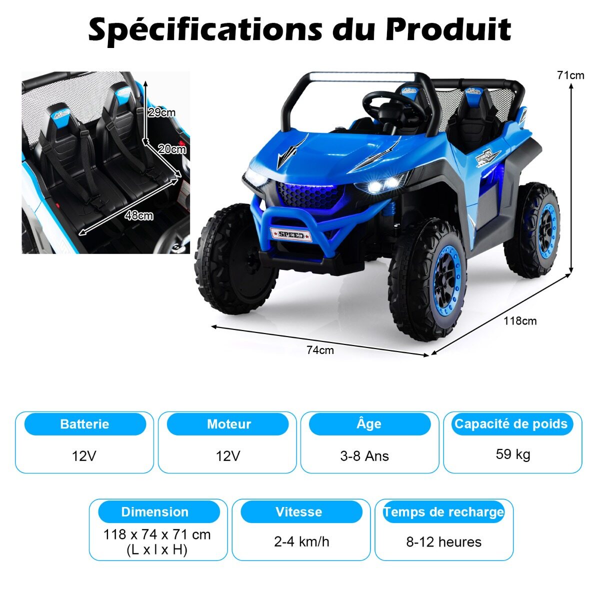 Elektriauto lastele 12 V puldiga, 3-8-aastastele, 2 käiku, vedrustus, koormus 59 kg, 118x74x71 cm, sinine