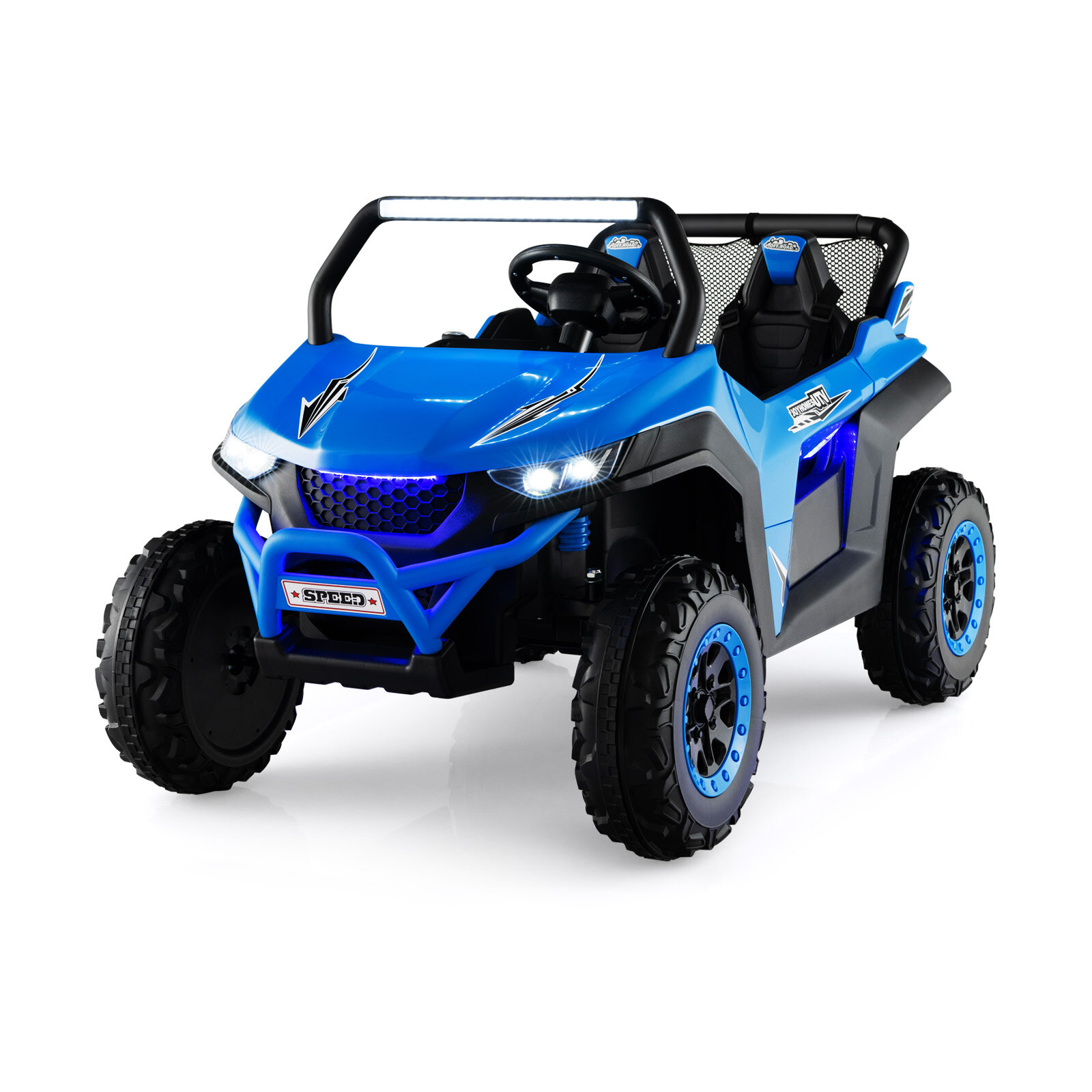 Elektriauto lastele 12 V puldiga, 3-8-aastastele, 2 käiku, vedrustus, koormus 59 kg, 118x74x71 cm, sinine