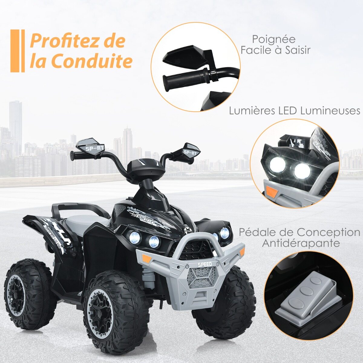 12 V elektriline laste ATV helisignaali ja LED-esituledega, must elektriline ATV