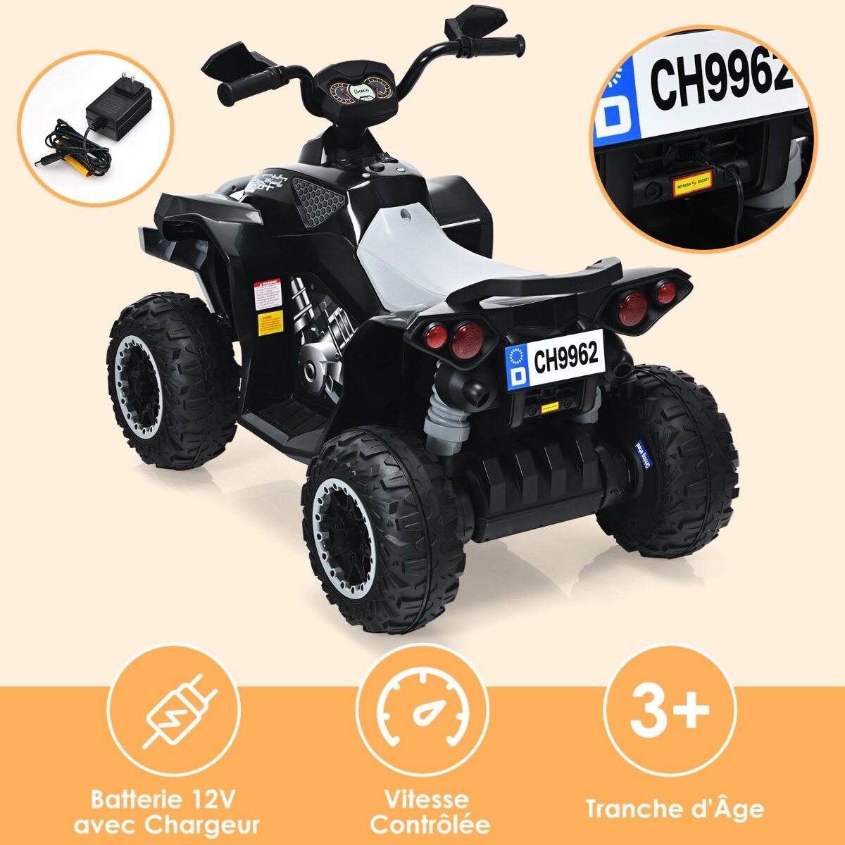 12 V elektriline laste ATV helisignaali ja LED-esituledega, must elektriline ATV