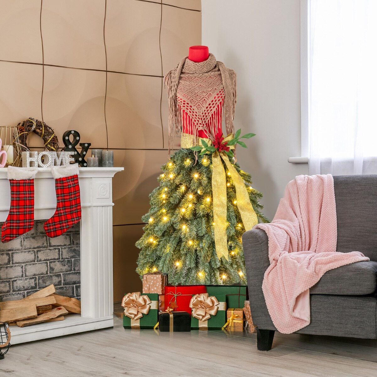 150 cm eelvalgustusega kunstkuusk, mannekeeni seelikukujuline, 248 oksatipu, 100 sooja valget LED-tuld, punased marjad