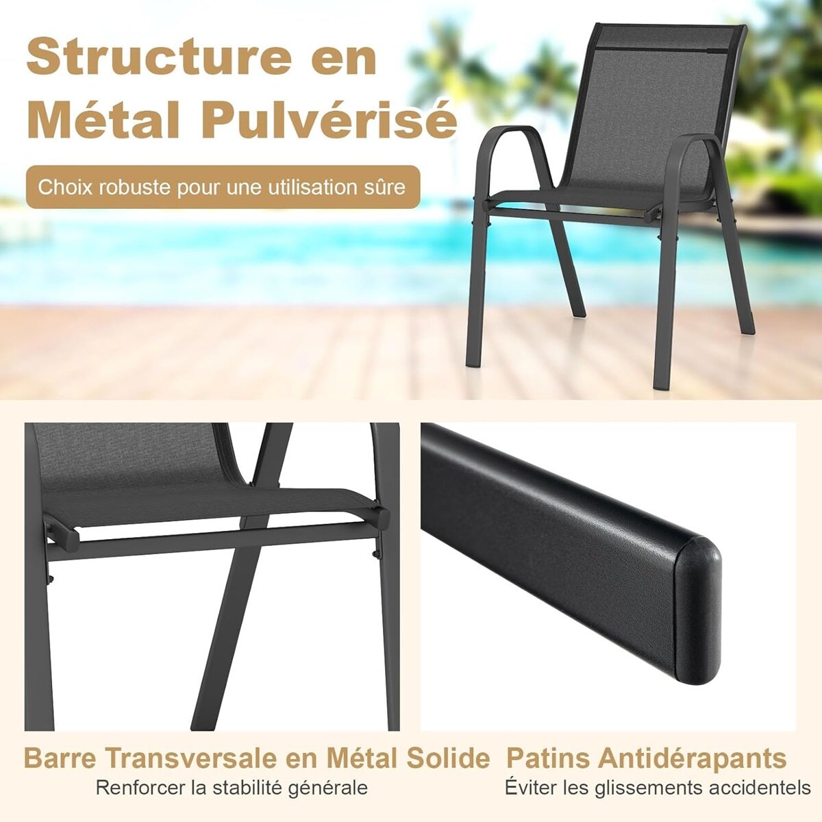 4 virnastatava aiatooli komplekt, valmistatud tekstiilkangast ja metallraamist, 56 x 70 x 84 cm, must