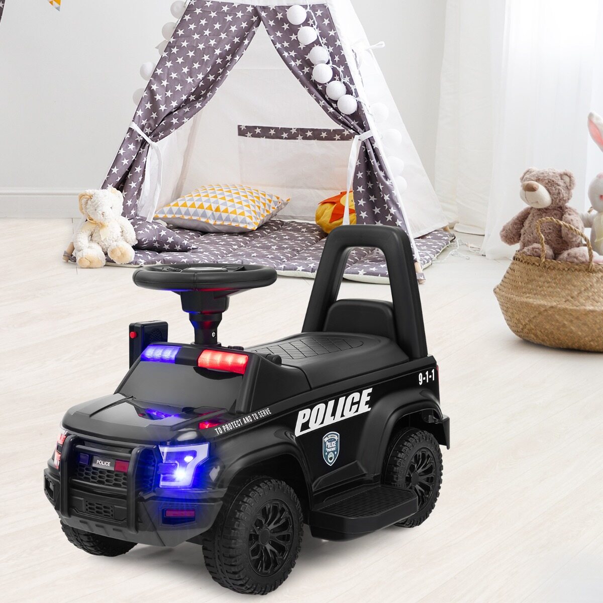 Politseiauto lastele 6 V patareidega, lastesõiduk megafoniga, 62 x 44 x 43 cm, must