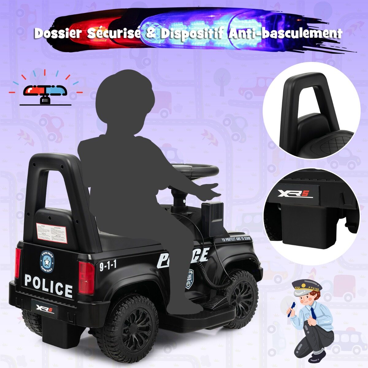 Politseiauto lastele 6 V patareidega, lastesõiduk megafoniga, 62 x 44 x 43 cm, must