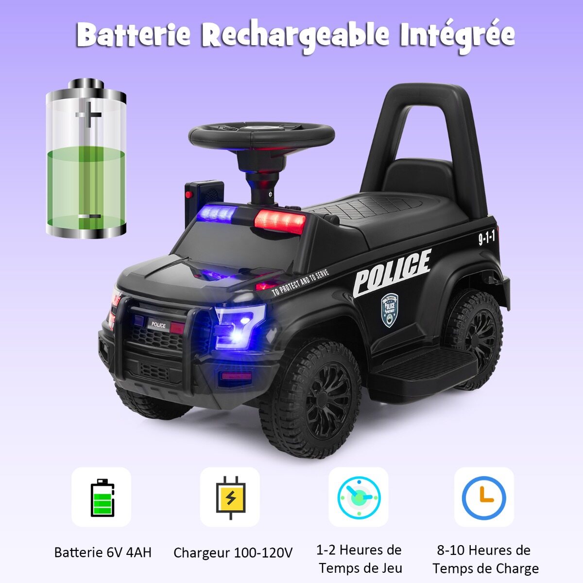 Politseiauto lastele 6 V patareidega, lastesõiduk megafoniga, 62 x 44 x 43 cm, must