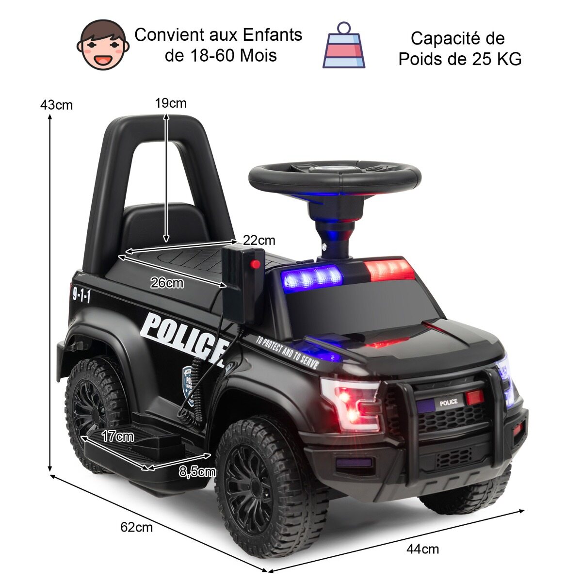 Politseiauto lastele 6 V patareidega, lastesõiduk megafoniga, 62 x 44 x 43 cm, must