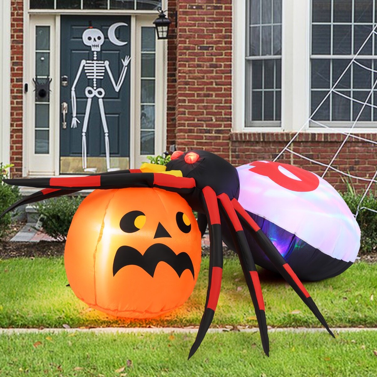 Täispuhutav ämblik kõrvitsaga Halloweeni kaunistus LED-valgustusega, pöörleva tule ja vaiadega, mitmevärviline
