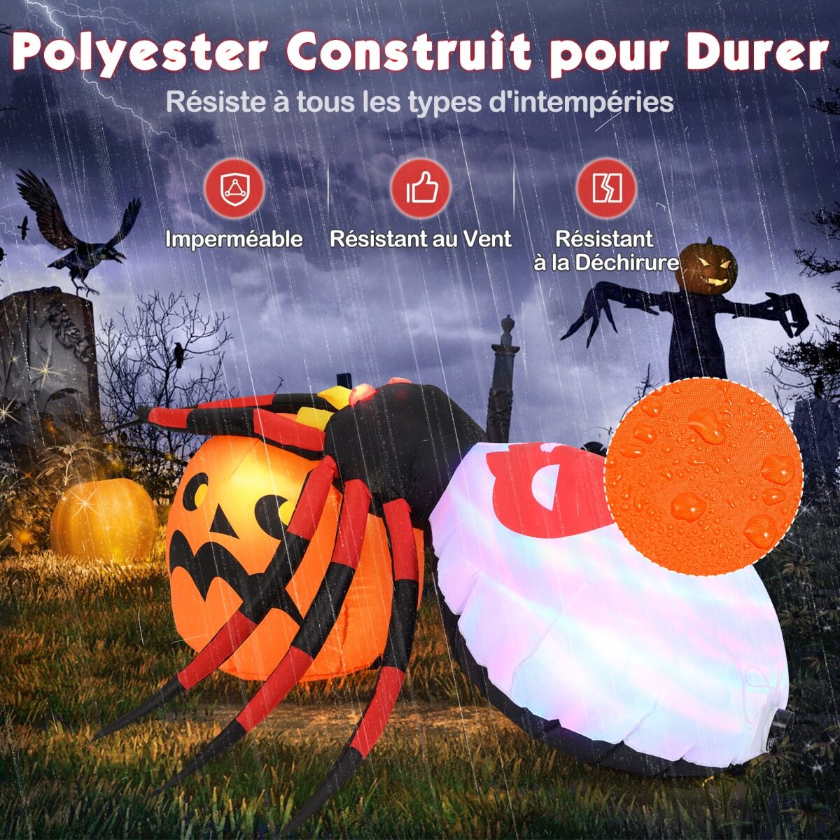 Täispuhutav ämblik kõrvitsaga Halloweeni kaunistus LED-valgustusega, pöörleva tule ja vaiadega, mitmevärviline