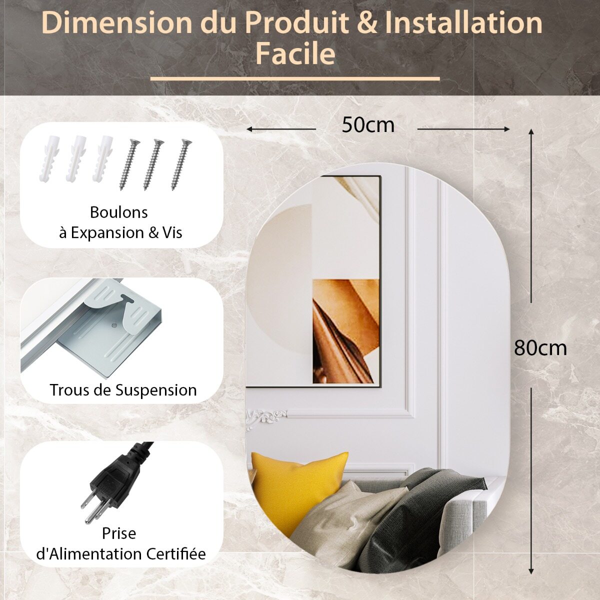 80 x 50 cm LED-seinapeegel ovaalne hämardatav vannitoapeegel