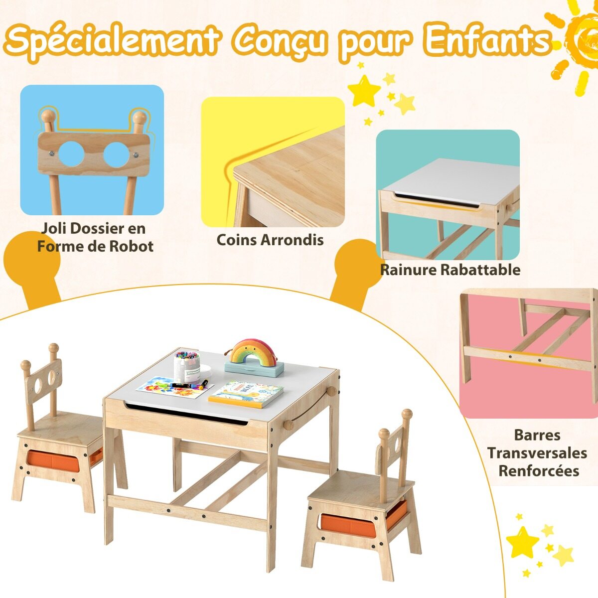 Children's Table and Chairs, 4-in-1 Activity Table with Reversible Double-Sided Board for Drawing, Playing, and Eating, for Ages 3+, Natural Robot Design Children's Table and Chairs, 4-in-1 Activity Table with Reversible Double-Sided Board for Drawing, Playing, and Eating, for Ages 3+, Natural Robot Design