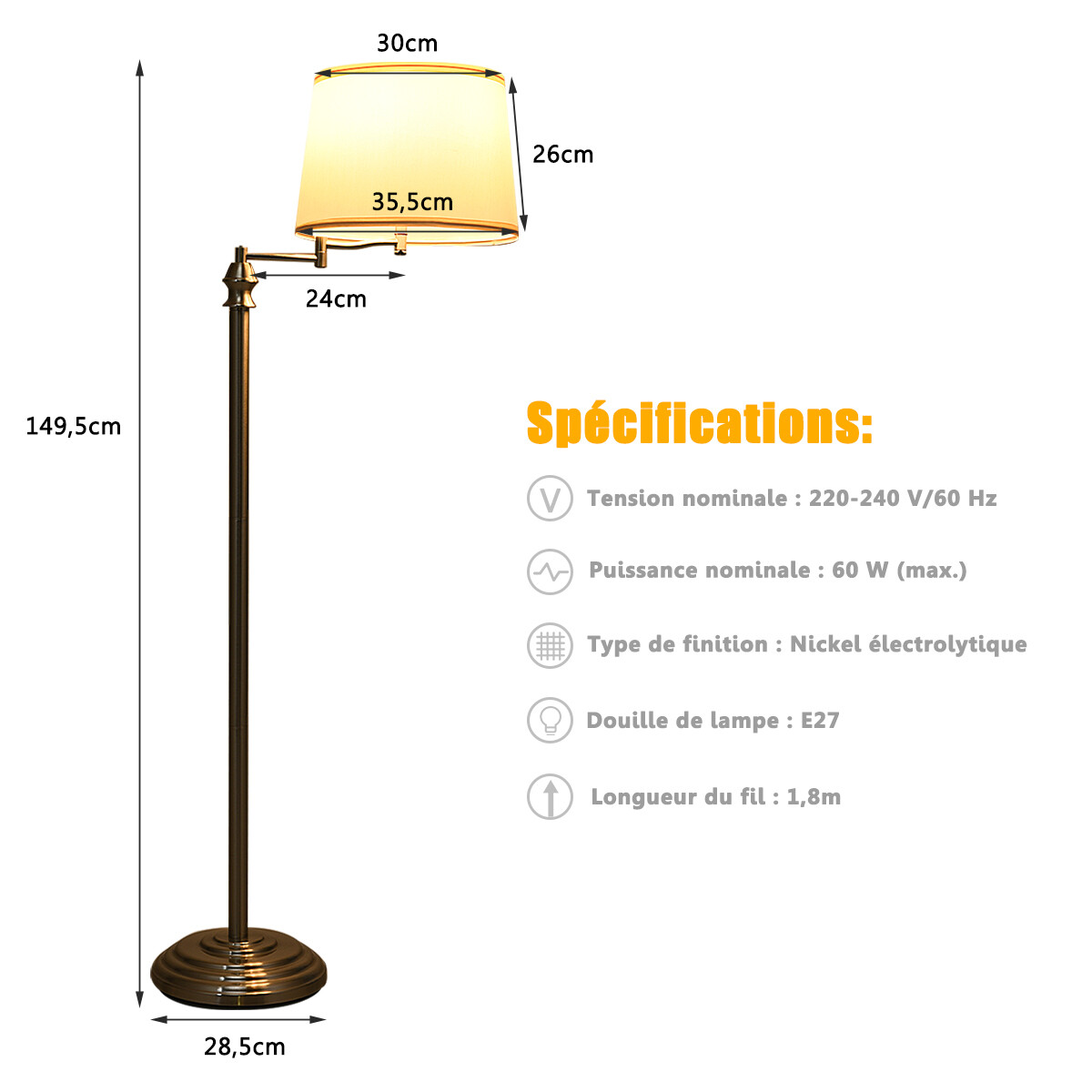 Põrandalamp kangast varjuga, nikeldatud rauast, Ø 35,5 x K 152 cm, E27 MAX 40 W pirnidele