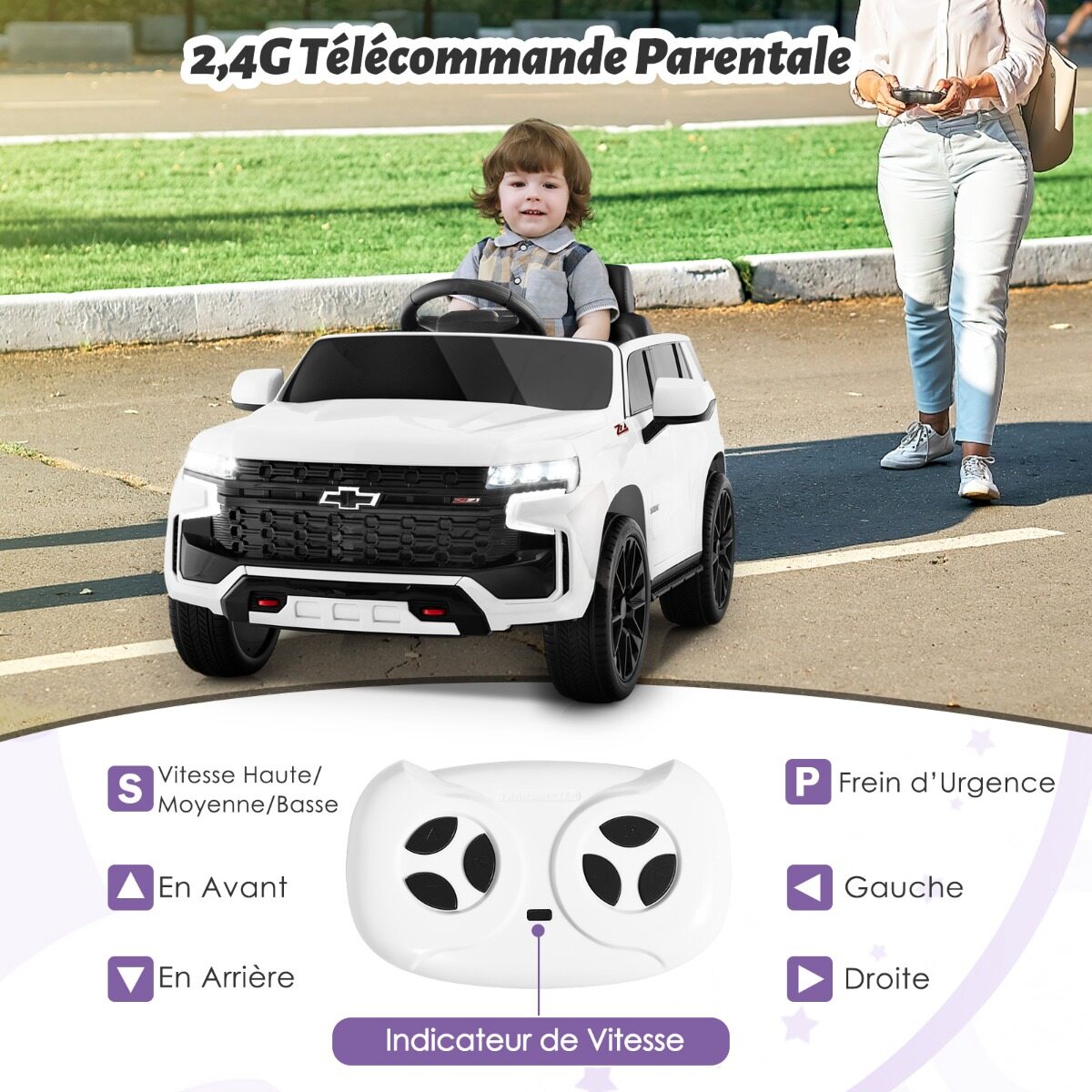 Laste Chevrolet elektriauto 2.4 G puldi ja vedrustuse ja tulede ja muusikaga, lasteauto valge