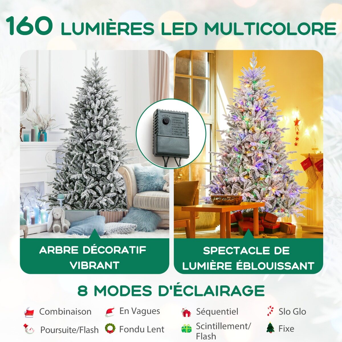 Flokeeritud ja liigendatud kunstkuusk, 8 valgustusrežiimi, mitmevärvilised LED-tuled, PVC ja PE oksaotsad
