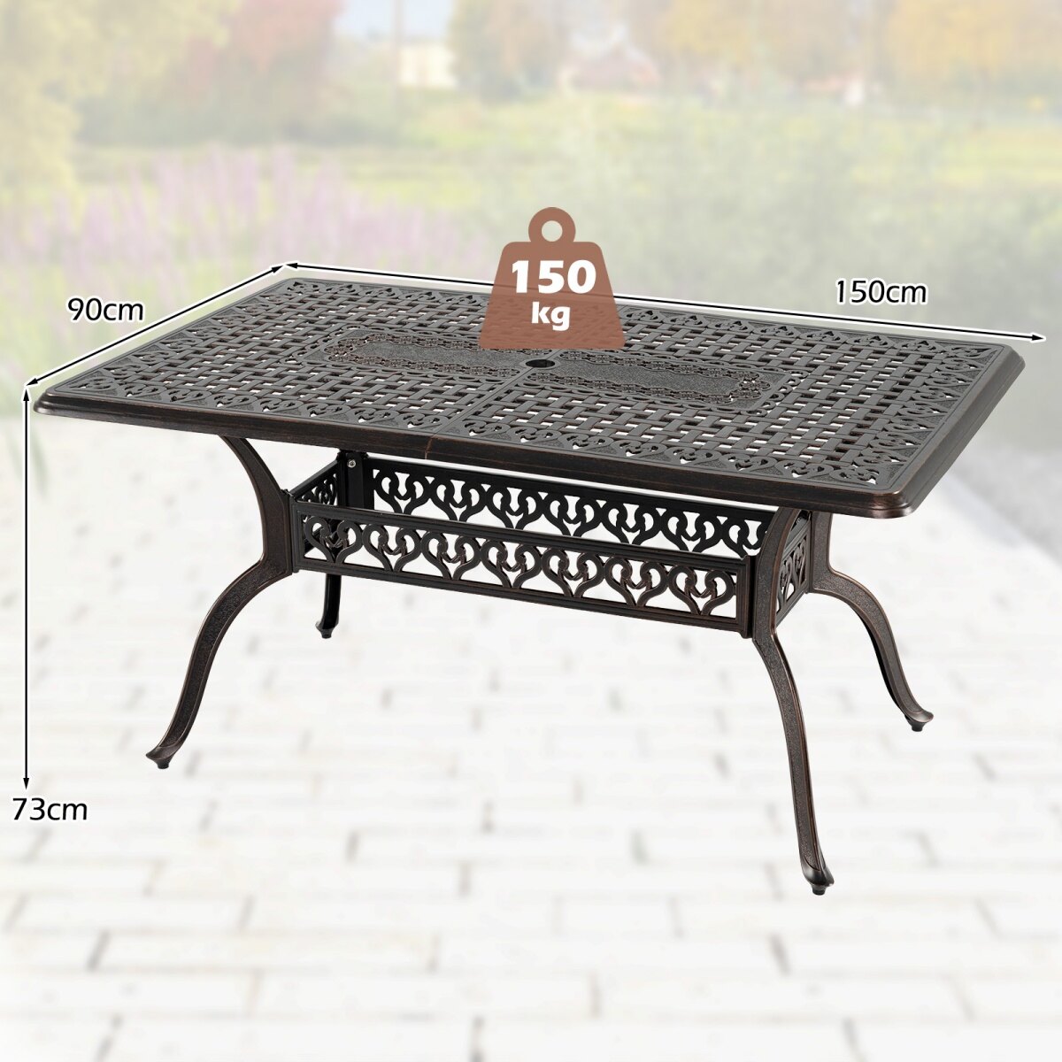 Valatud alumiiniumist aialaud 6-8 inimesele päikesevarjuauguga, vintage-stiilis söögilaud, 150 x 90 x 73 cm, kandevõime 150 kg, pronks