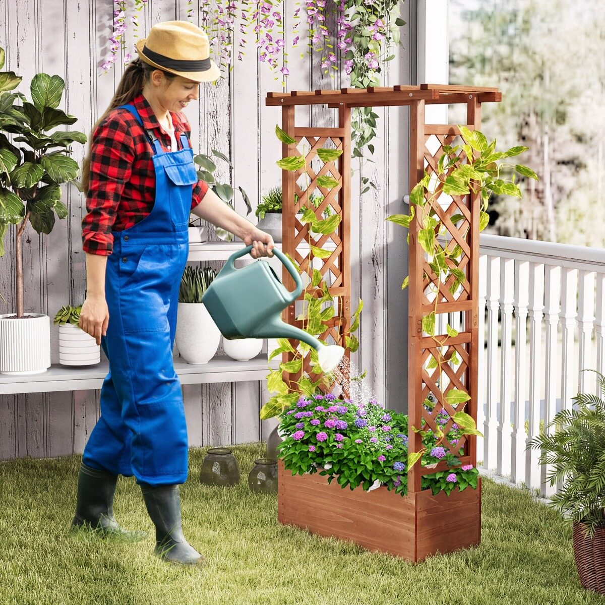 Puidust ripp-võrega lillepott drenaažiavaga, ronitaimedele mõeldud peenar, 66 x 32 x 152 cm, kohvivärvi