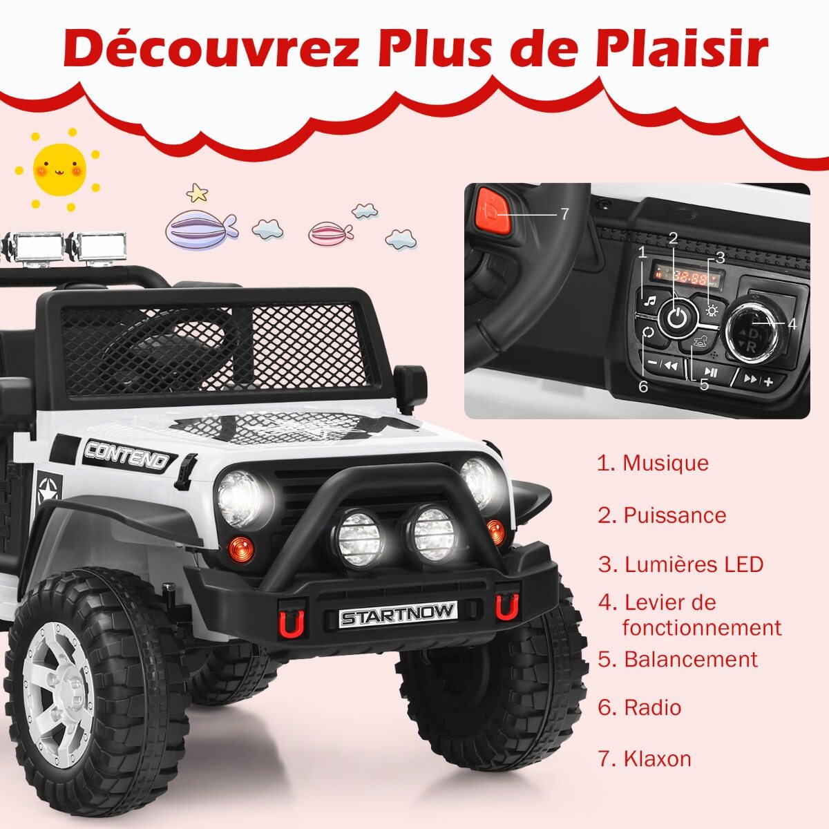 12 V elektriline sõiduauto 2,4 G kaugjuhtimispuldiga, LED-tuled, muusika, signaal, aeglane käivitus, 3 kiirust, kandevõime 50 kg, vanus 3+, valge