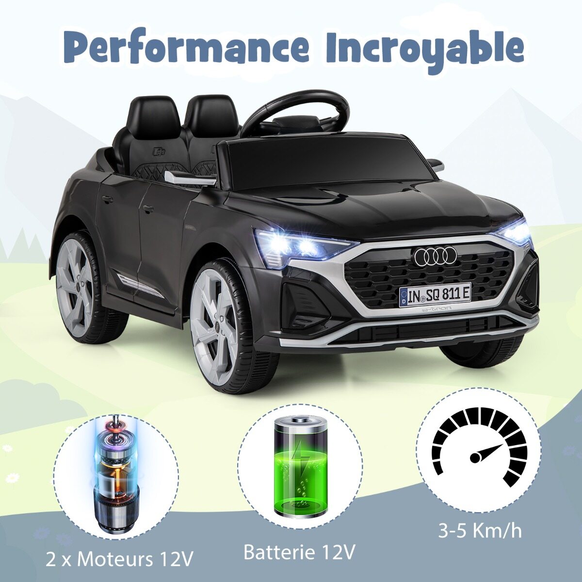 12 V elektriauto lastele, litsentseeritud Audi SQ8, puldiga signaali, LED-tulede, muusika ja 3 kiirusega, vanuses 3+, must
