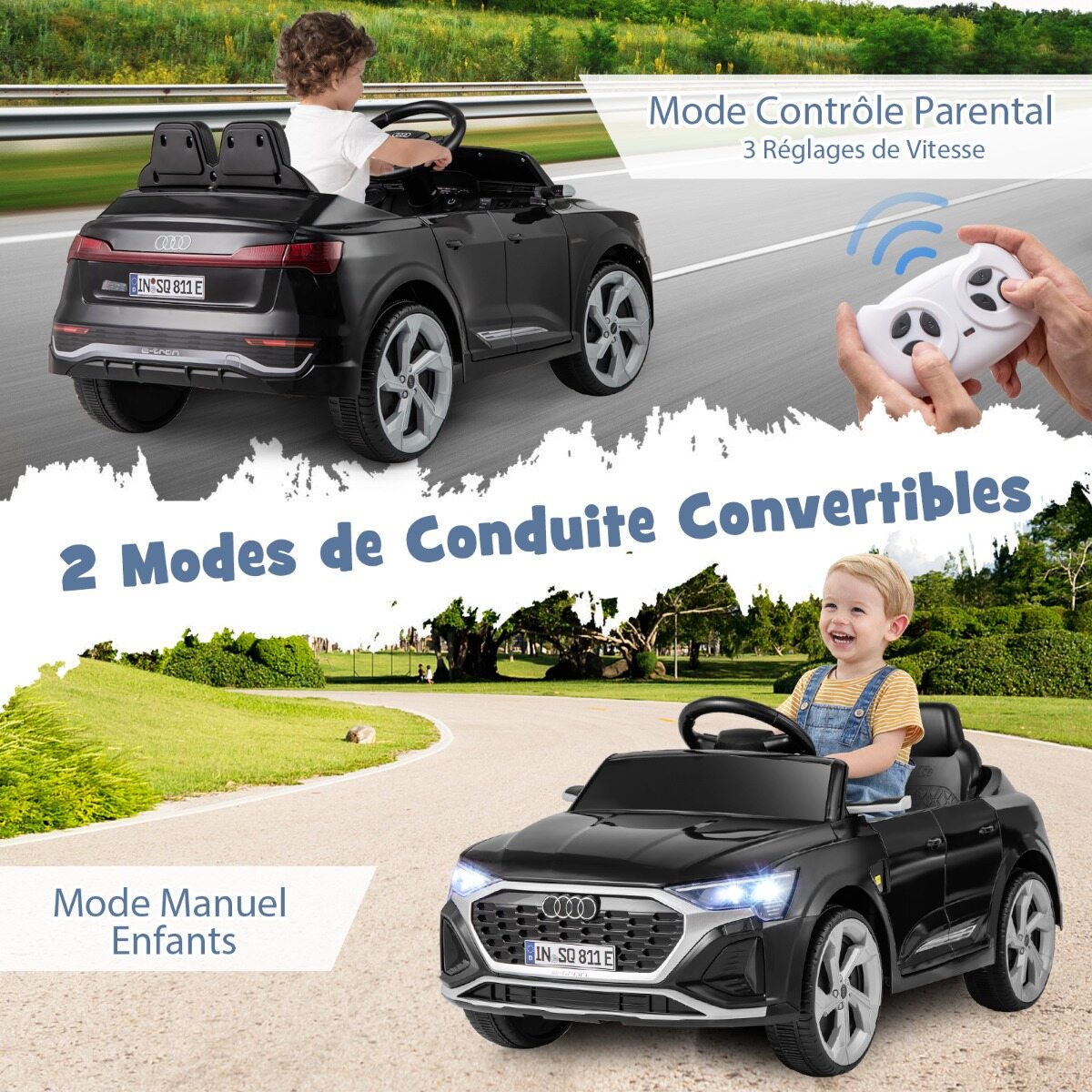 12 V elektriauto lastele, litsentseeritud Audi SQ8, puldiga signaali, LED-tulede, muusika ja 3 kiirusega, vanuses 3+, must