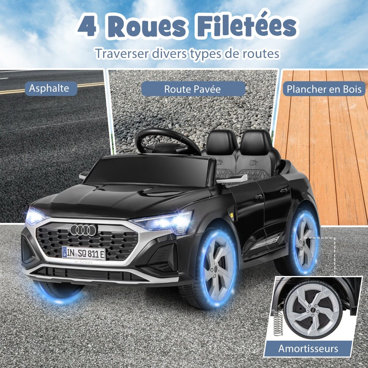12 V elektriauto lastele, litsentseeritud Audi SQ8, puldiga signaali, LED-tulede, muusika ja 3 kiirusega, vanuses 3+, must