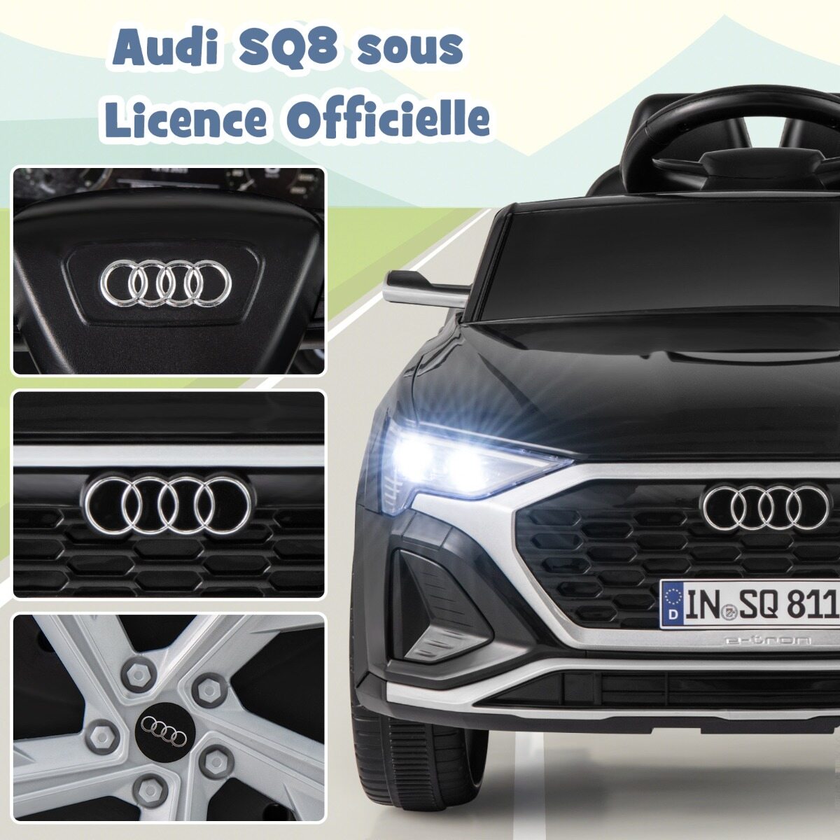 12 V elektriauto lastele, litsentseeritud Audi SQ8, puldiga signaali, LED-tulede, muusika ja 3 kiirusega, vanuses 3+, must