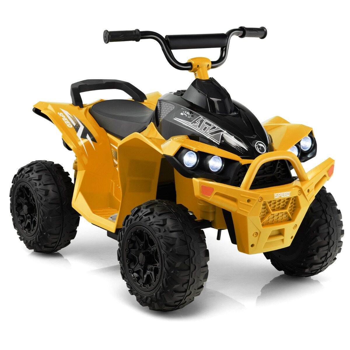 12 V elektriline laste ATV kiirusega 2,2/4,3 km/h, signaali, muusika ja LED-tuledega, kollane