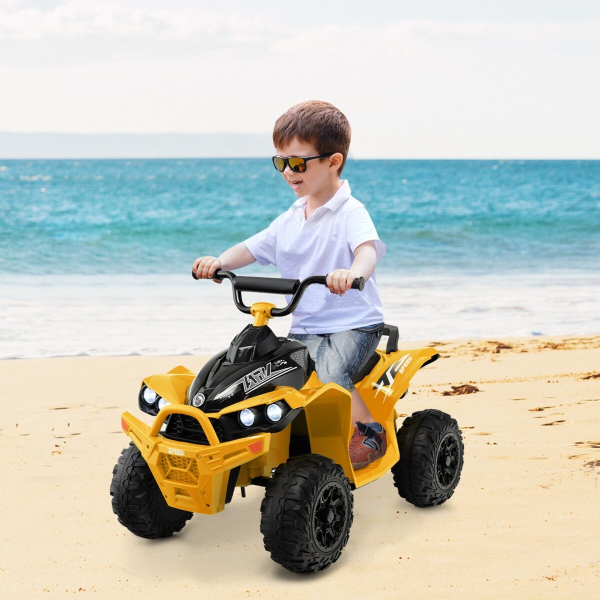 12 V elektriline laste ATV kiirusega 2,2/4,3 km/h, signaali, muusika ja LED-tuledega, kollane