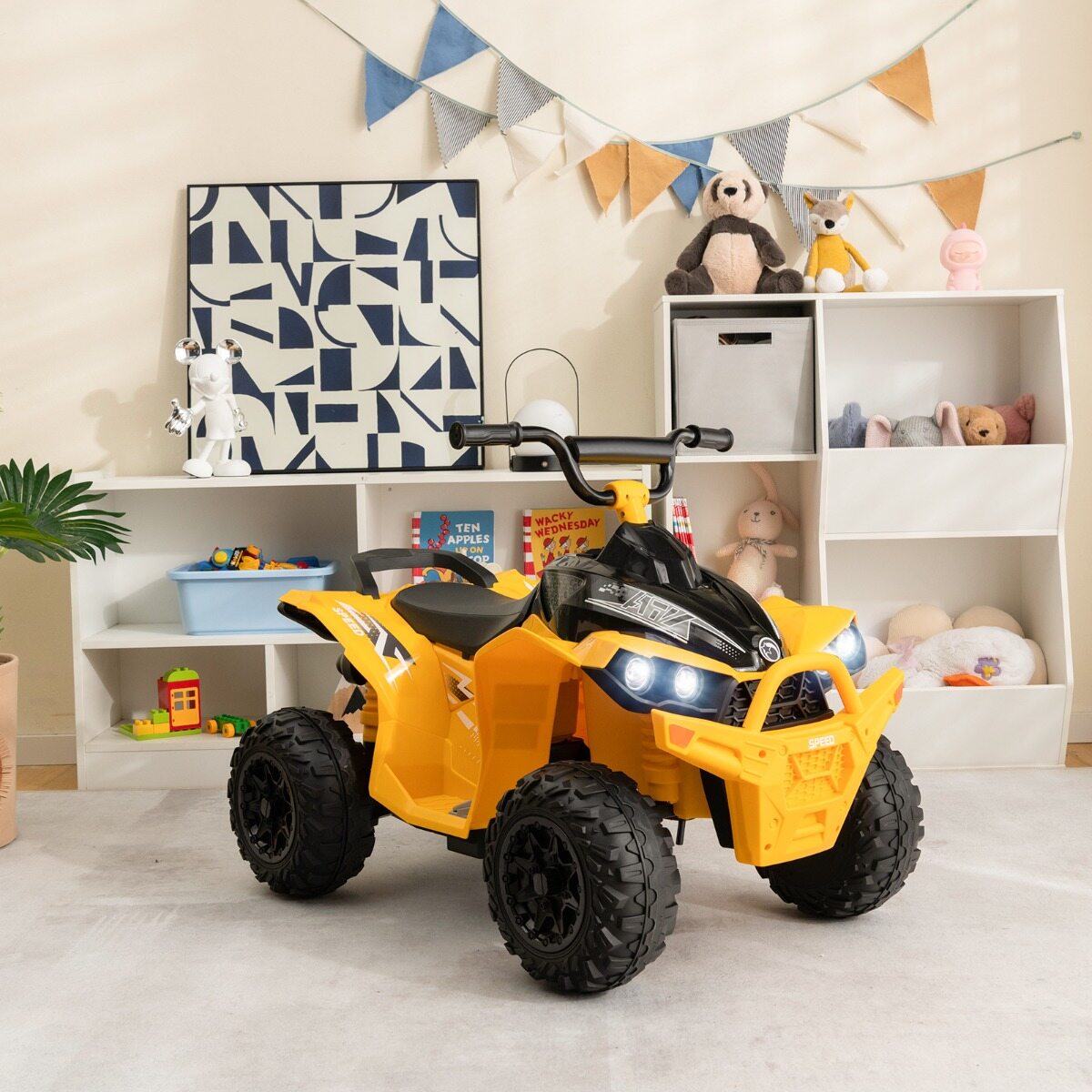 12 V elektriline laste ATV kiirusega 2,2/4,3 km/h, signaali, muusika ja LED-tuledega, kollane