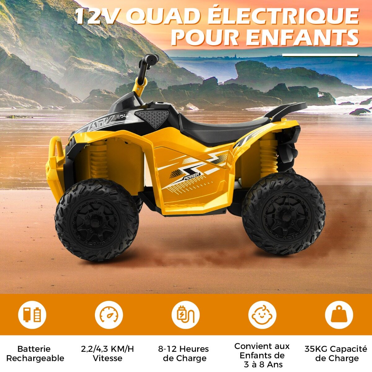 12 V elektriline laste ATV kiirusega 2,2/4,3 km/h, signaali, muusika ja LED-tuledega, kollane
