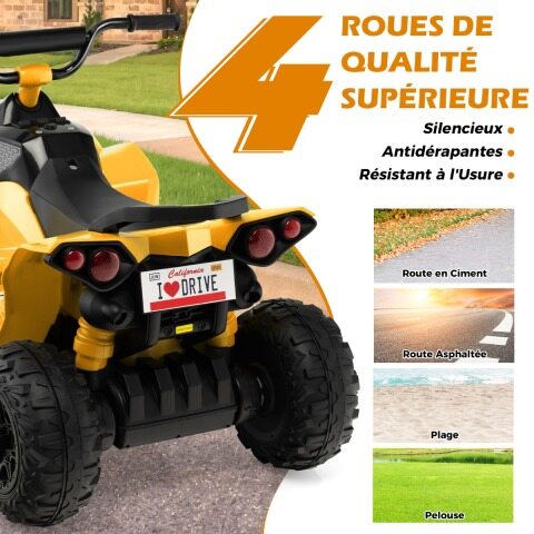 12 V elektriline laste ATV kiirusega 2,2/4,3 km/h, signaali, muusika ja LED-tuledega, kollane