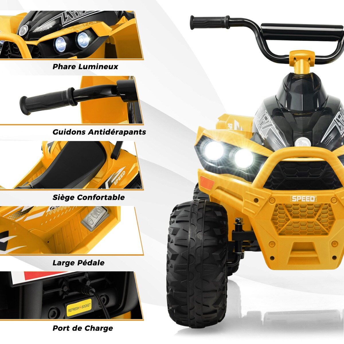 12 V elektriline laste ATV kiirusega 2,2/4,3 km/h, signaali, muusika ja LED-tuledega, kollane