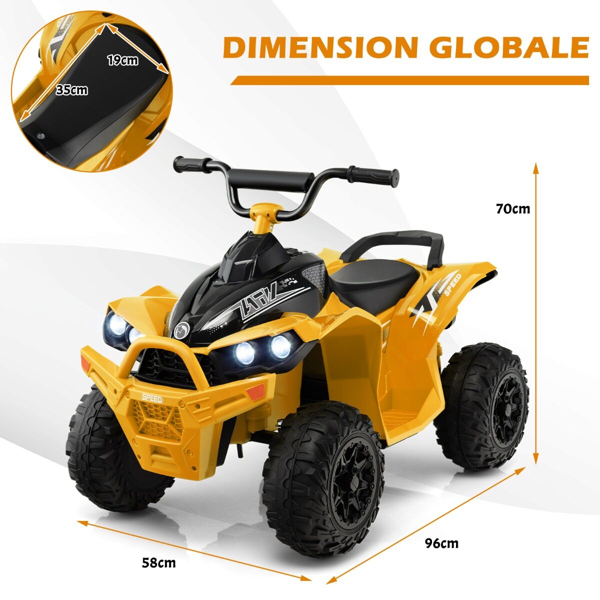 12 V elektriline laste ATV kiirusega 2,2/4,3 km/h, signaali, muusika ja LED-tuledega, kollane