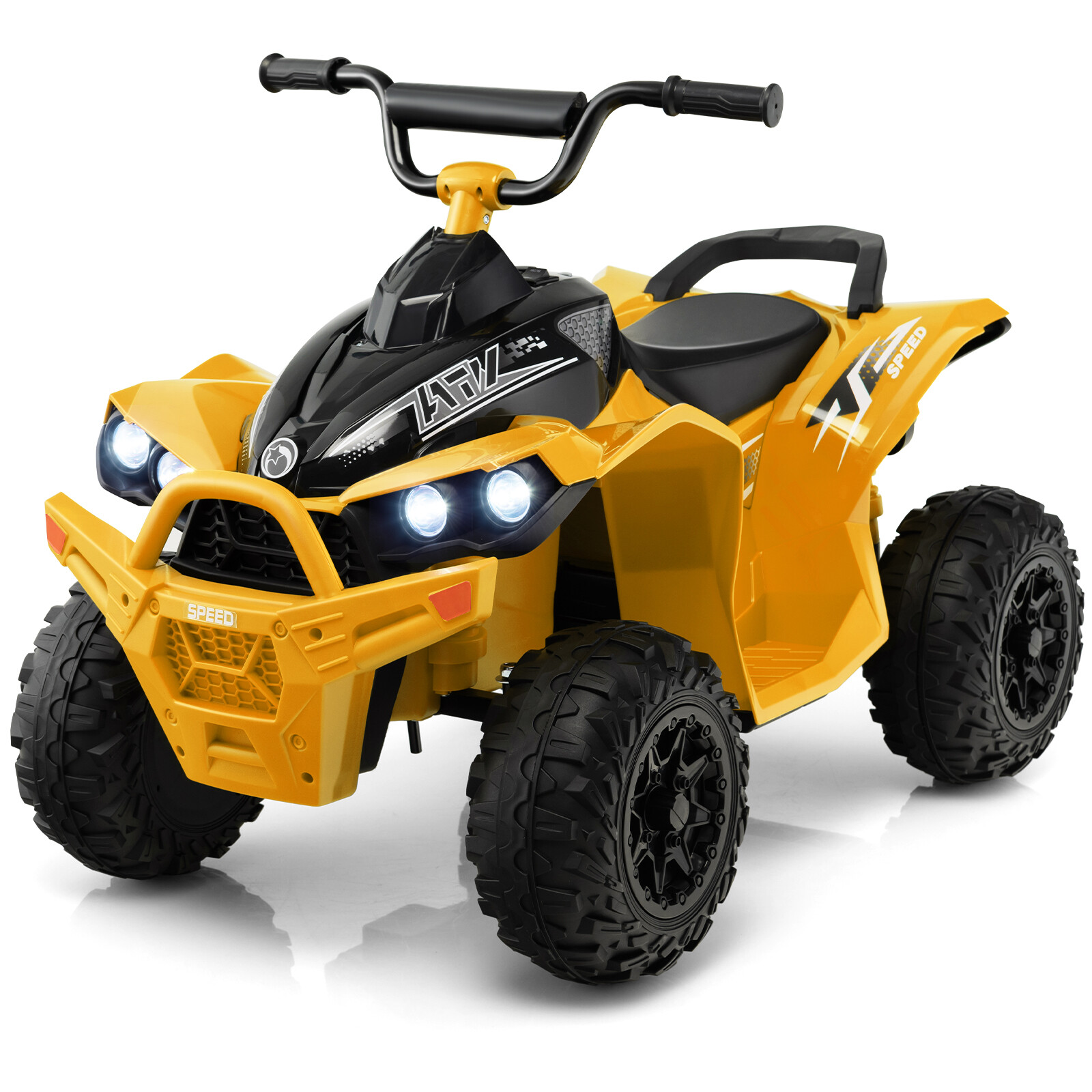 12 V elektriline laste ATV kiirusega 2,2/4,3 km/h, signaali, muusika ja LED-tuledega, kollane