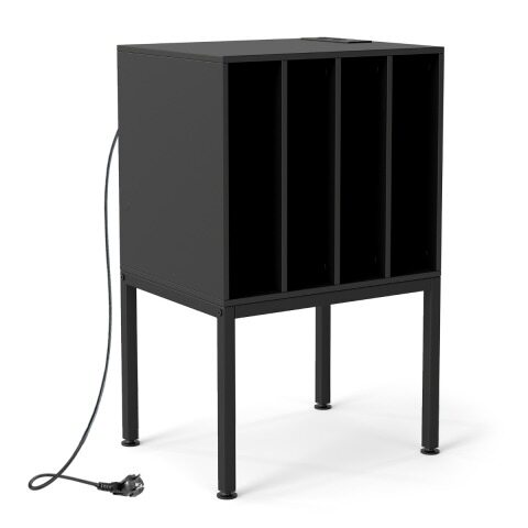 Plaadimängija kapp laadimisjaamaga, alus 4 avatud sektsiooniga, kõrgendatud metalljalad, 50 x 40 x 81 cm, must