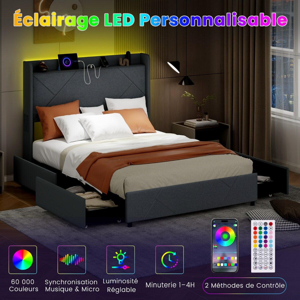 160x200 voodi, LED-valgustus, USB-C ja USB-A pikendusjuhe, 4 sahtlit, 2 hoiuruumi, voodiraam liistudest põhjaga, hall panipaigaga peatsiga