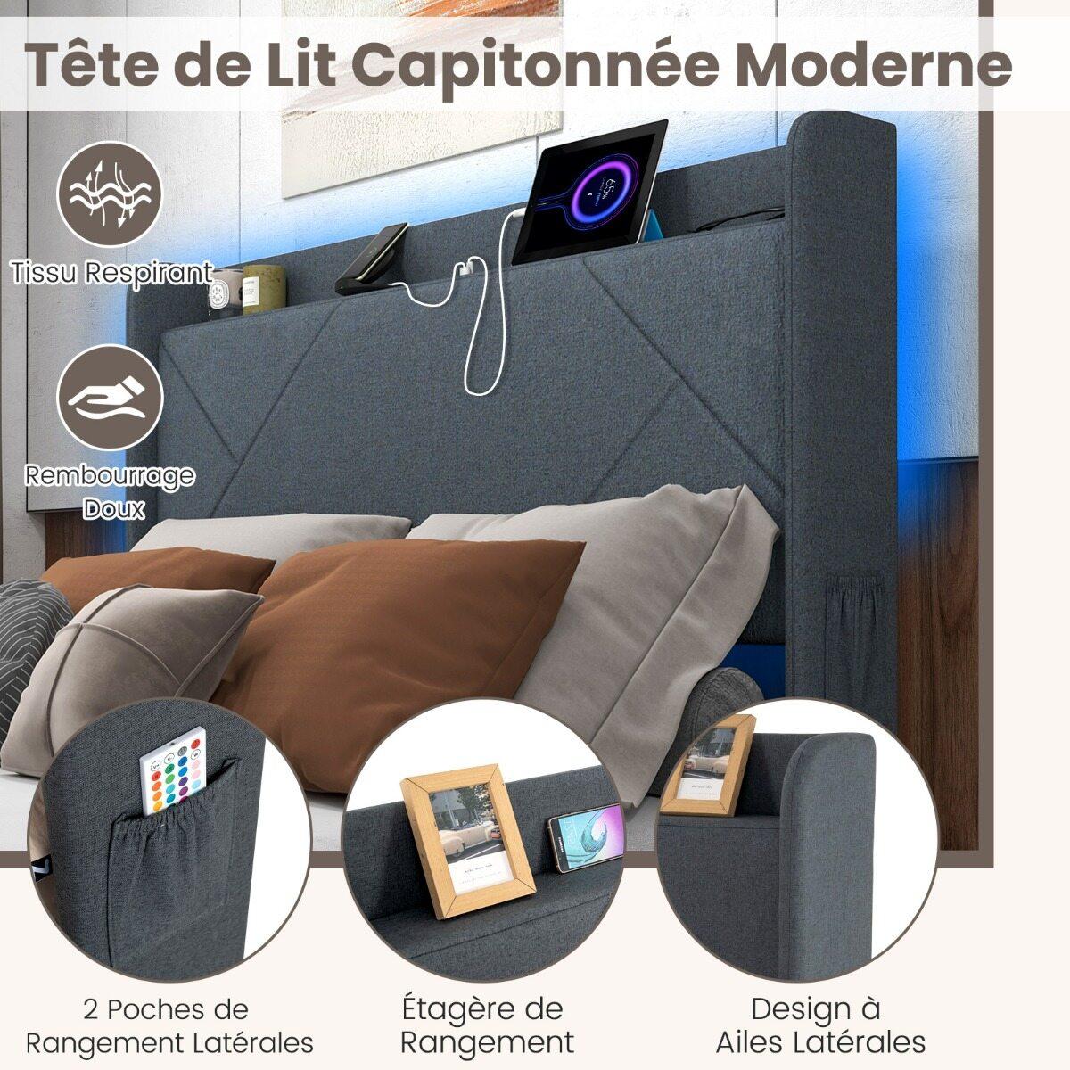 160x200 voodi, LED-valgustus, USB-C ja USB-A pikendusjuhe, 4 sahtlit, 2 hoiuruumi, voodiraam liistudest põhjaga, hall panipaigaga peatsiga