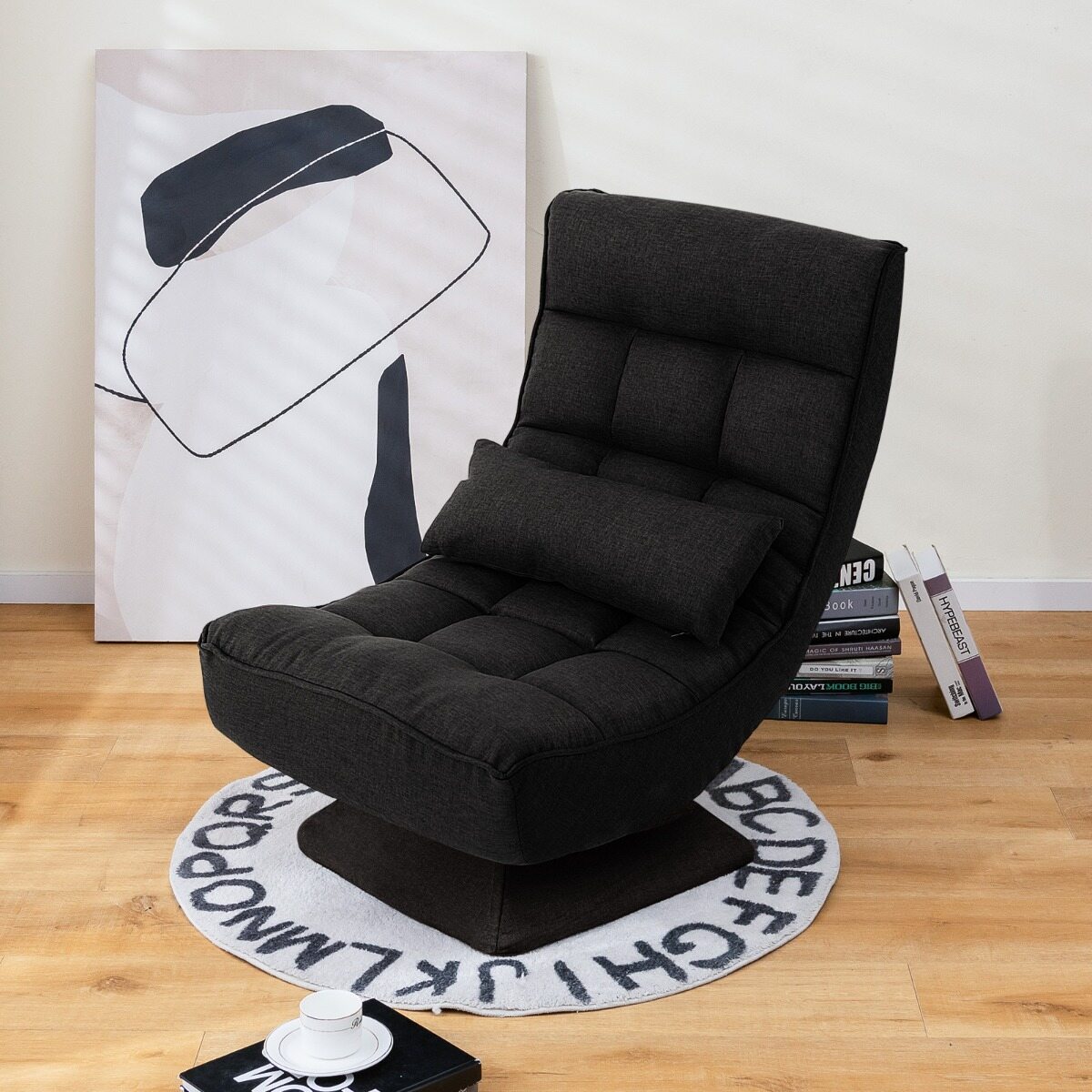 4-Position Adjustable Floor Chair with Swivel Base-Black