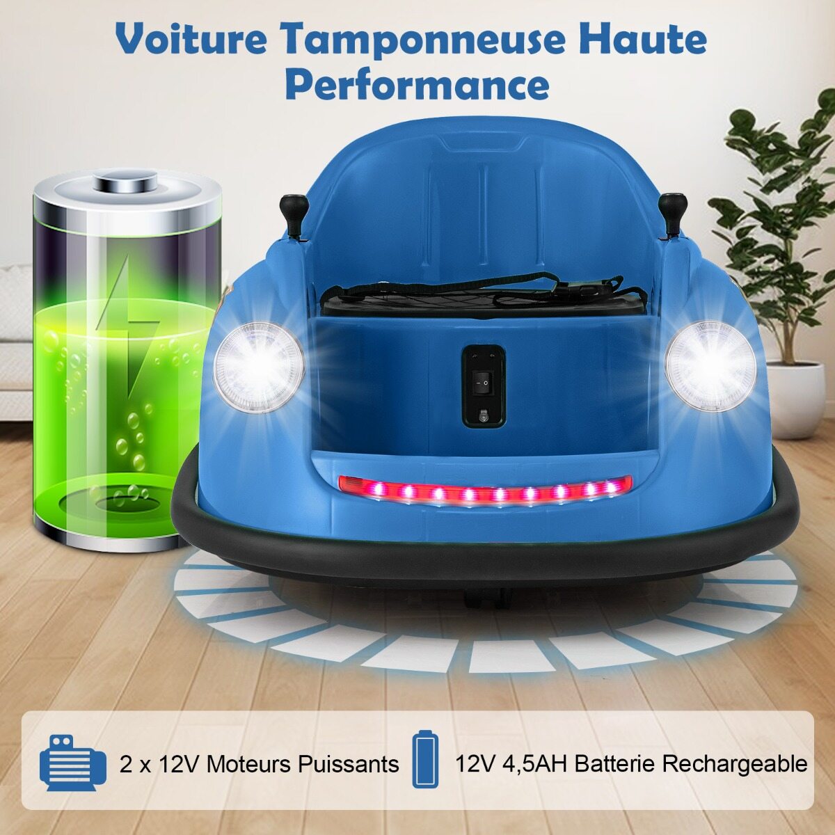 12 V elektriline põrkeraud lastele, patareidega, puldiga, LED-tuledega, muusikaga, 2-5-aastastele, sinine
