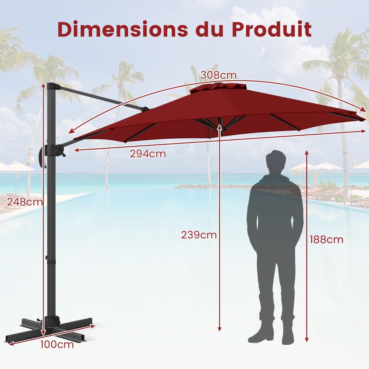 300 x 300 cm vändaga päikesevari, 360° pöörlev konsoolvarjuga päikesevari, aiavarjuga turuvarjuga punane päikesevari