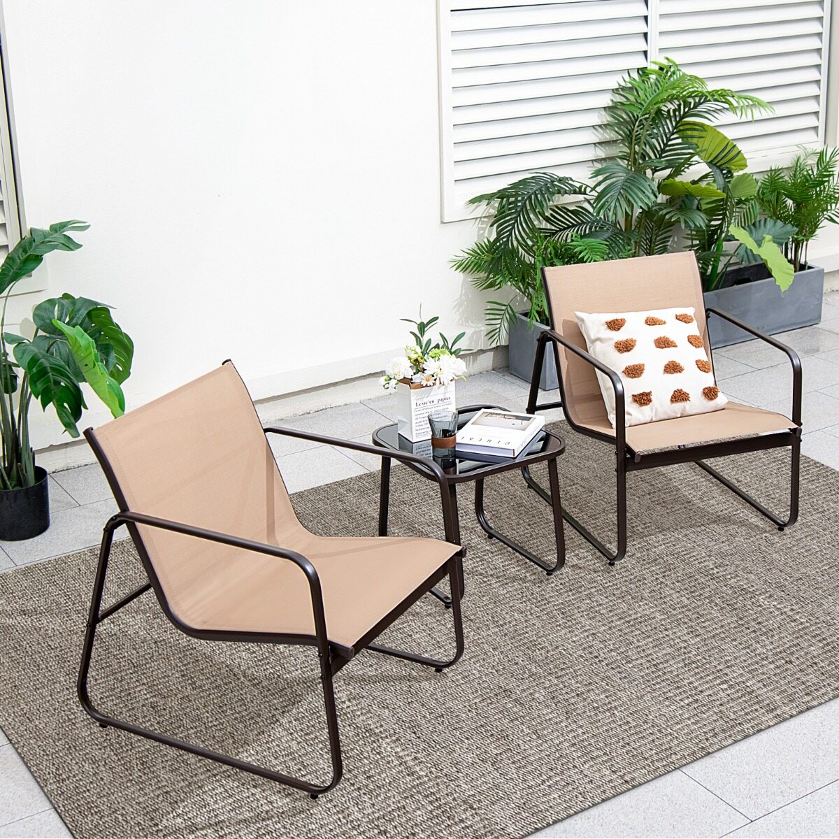 3 PCS Garden Furniture Set in Anti-UV Textilene Glass Coffee Table with Brown Metal Frame