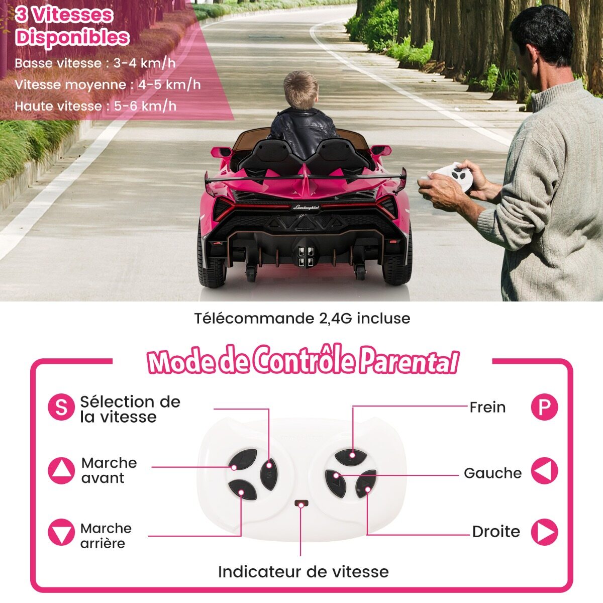 Laste Lamborghini elektriauto puldiga, LED-esituled, signaal ja muusika, lasteauto roosa