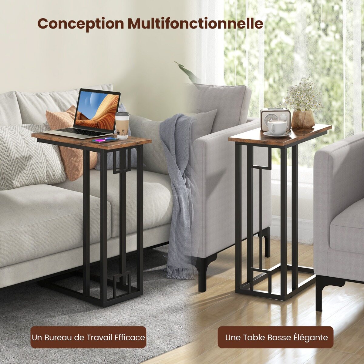 C-Shaped Side Table Compact Sofa Side Table for Small Space-Rustic Brown C-Shaped Side Table Compact Sofa Side Table for Small Space-Rustic Brown