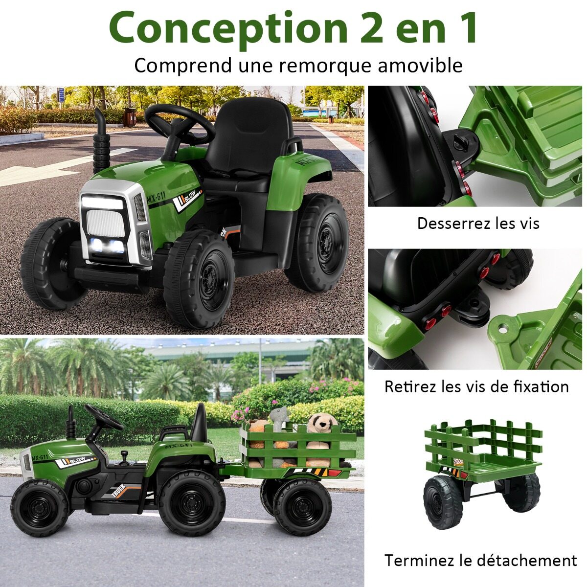 12 V laste traktor eemaldatava haagise ja puldiga elektriline mänguauto roheline