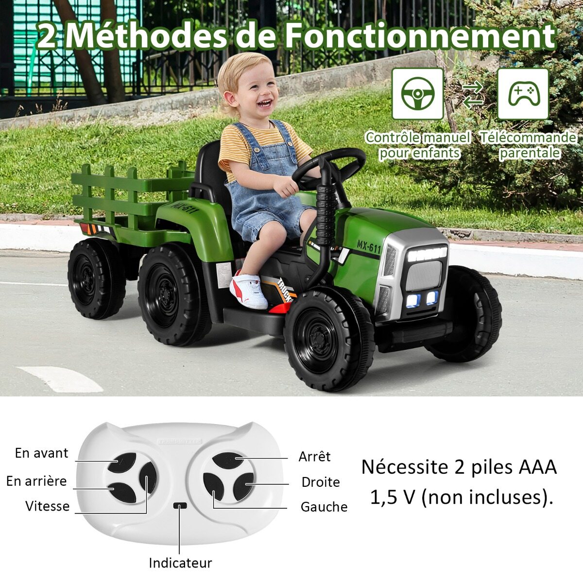 12 V laste traktor eemaldatava haagise ja puldiga elektriline mänguauto roheline