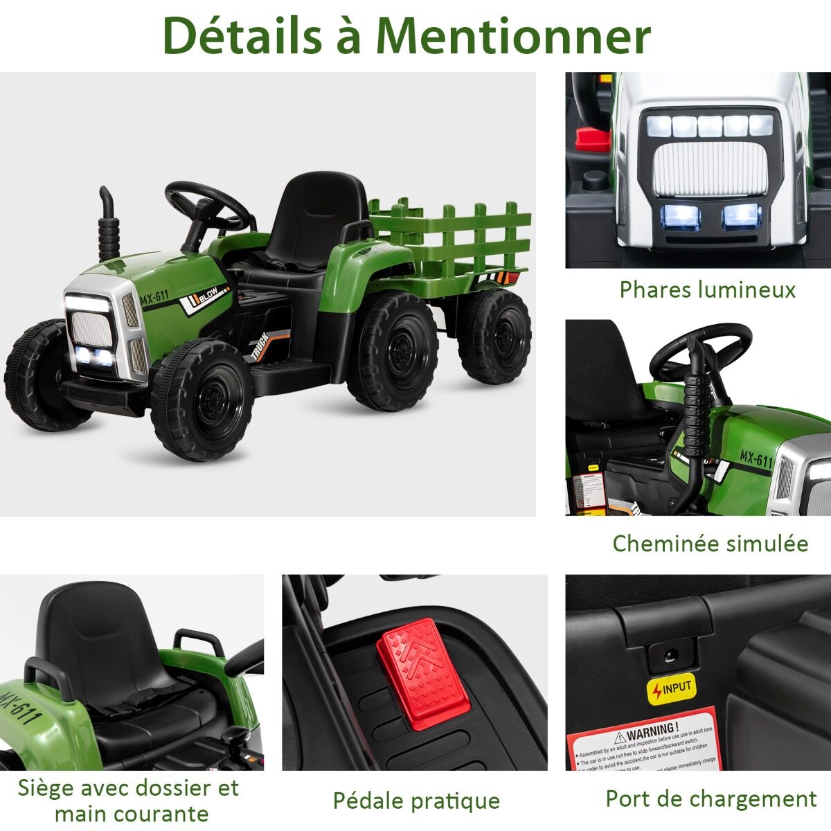 12 V laste traktor eemaldatava haagise ja puldiga elektriline mänguauto roheline