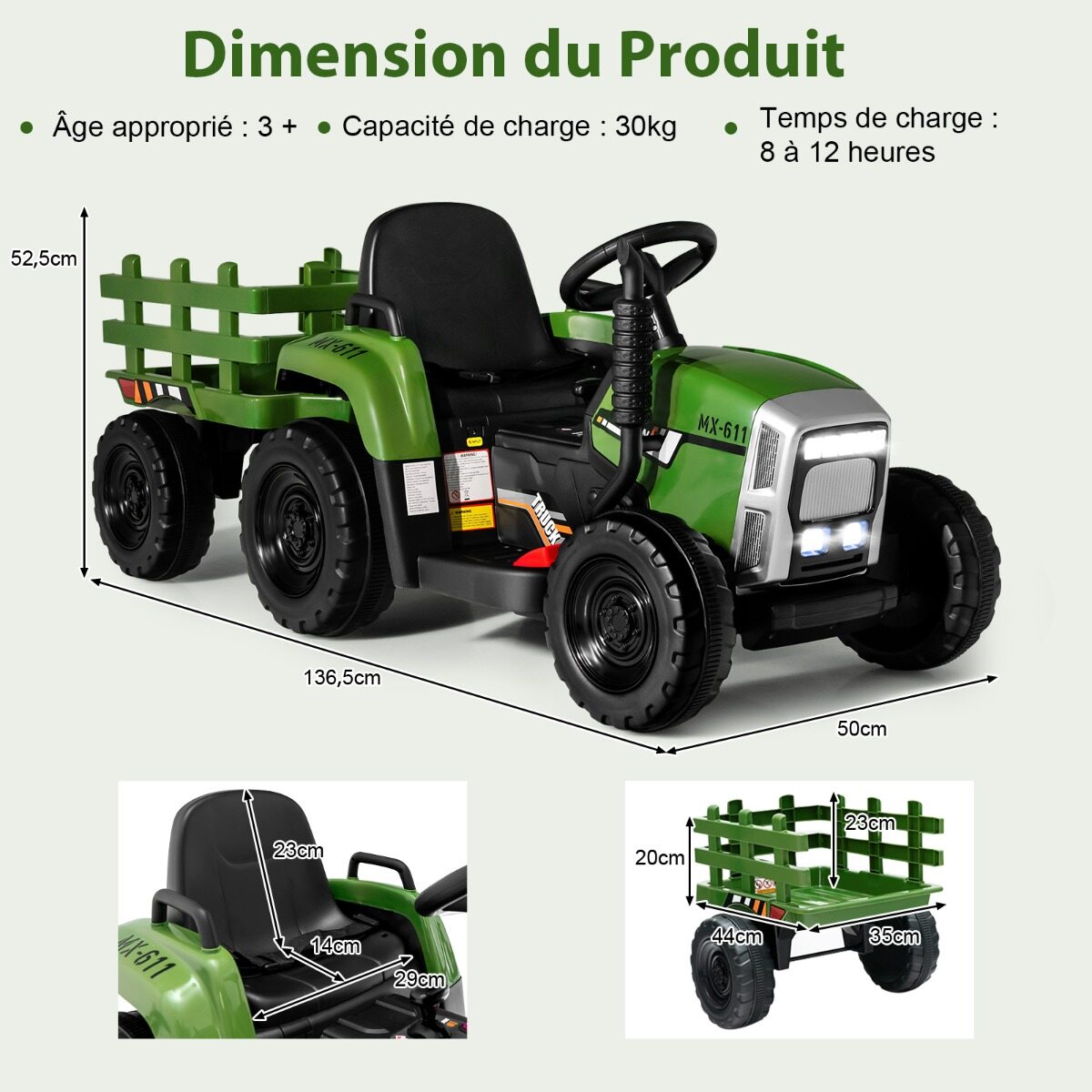 12 V laste traktor eemaldatava haagise ja puldiga elektriline mänguauto roheline