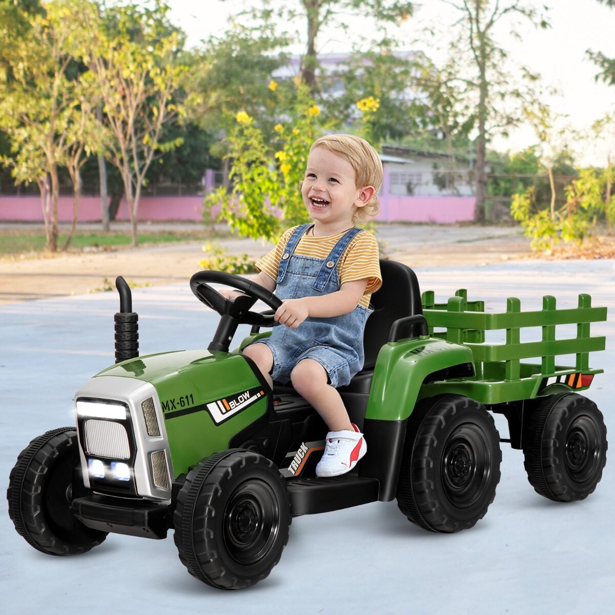 12 V laste traktor eemaldatava haagise ja puldiga elektriline mänguauto roheline