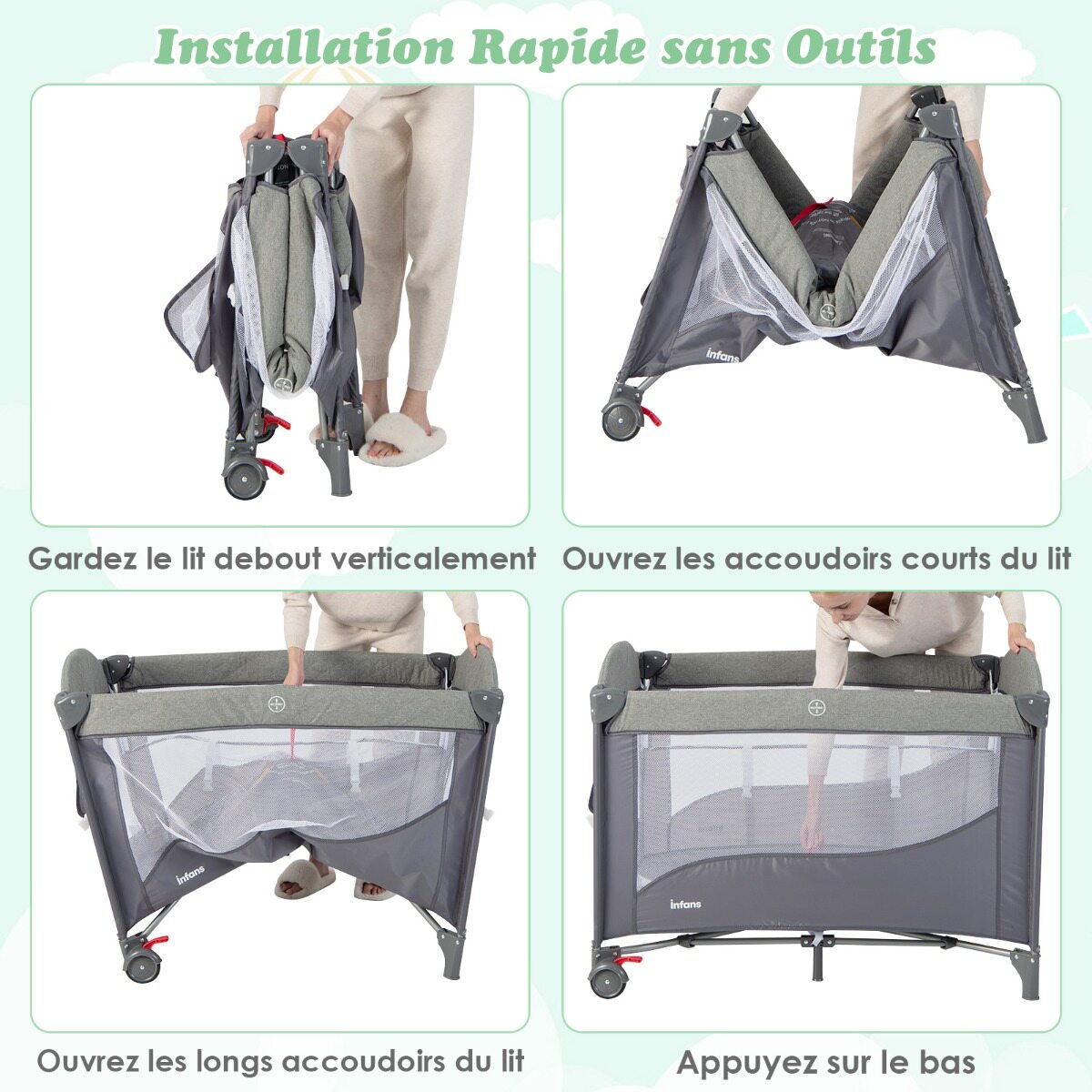 5-ühes beebi reisivoodi madratsi ja mähkimislauaga, muudetav beebivoodi 4 reguleeritava kõrgusega 5-10°, rappumiskoormus 15 kg, beebile vanuses 0-9 kuud, roheline
