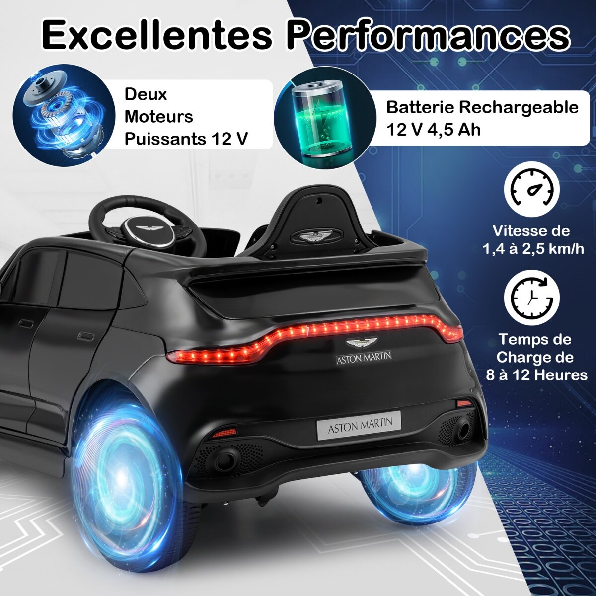 Elektriline laste sõiduauto, 2 V, puldiga, ametlikult litsentseeritud Aston Martin, signaali, muusika ja LED-tuledega, vanuses 3-8, must